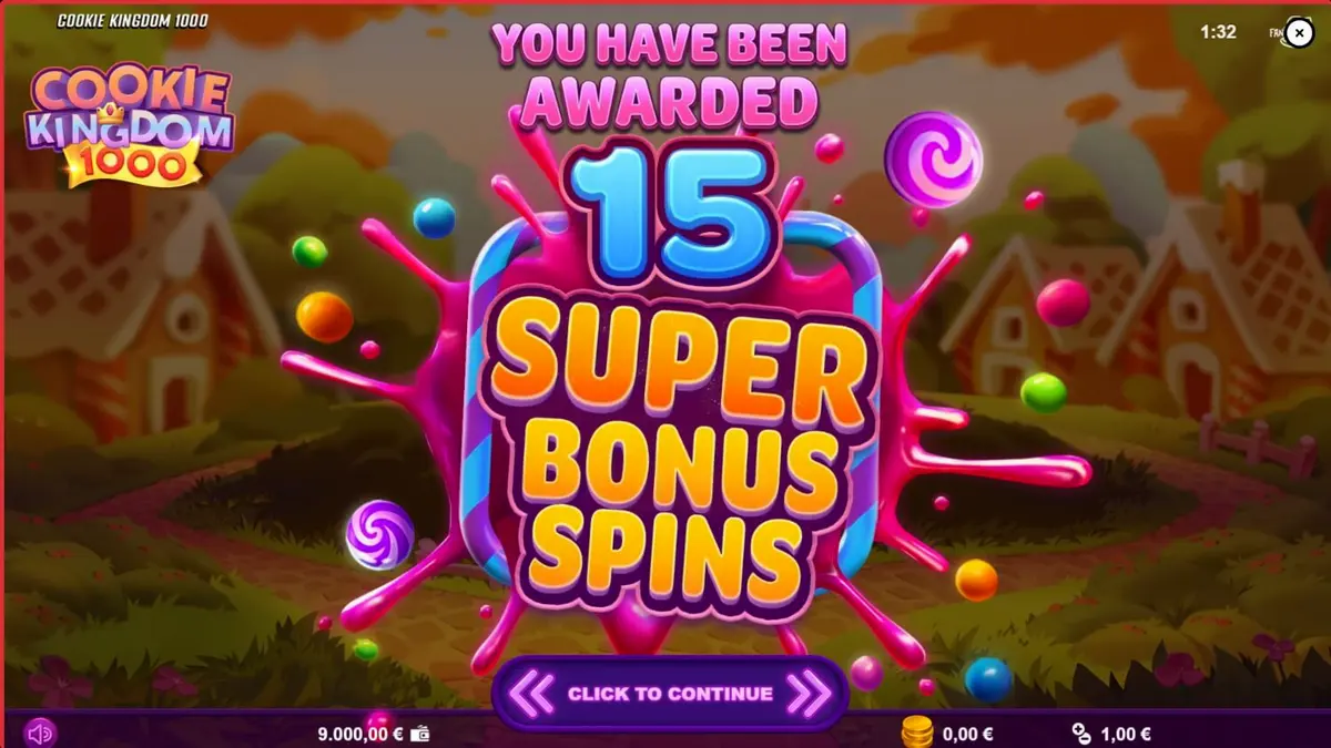 Makulay na disenyo ng Cookie Kingdom 1000 slot na may mga jelly animals at candy symbols.