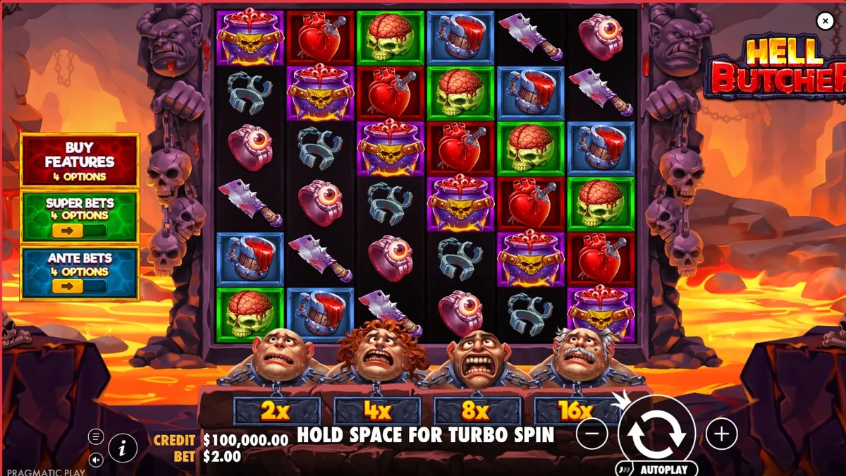 Hell Butcher slot game grid na may madilim na tema ng horror at mga simbolo ng karne.