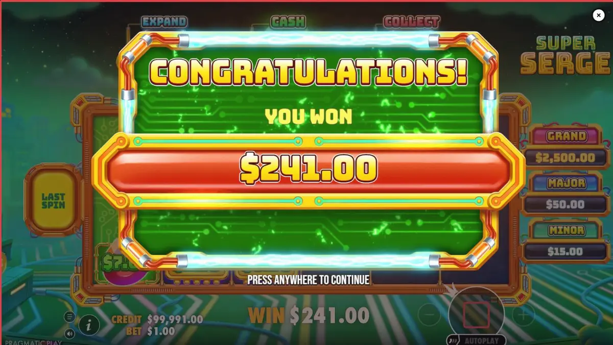 Super Serge slot game interface na may neon at futuristic na disenyo